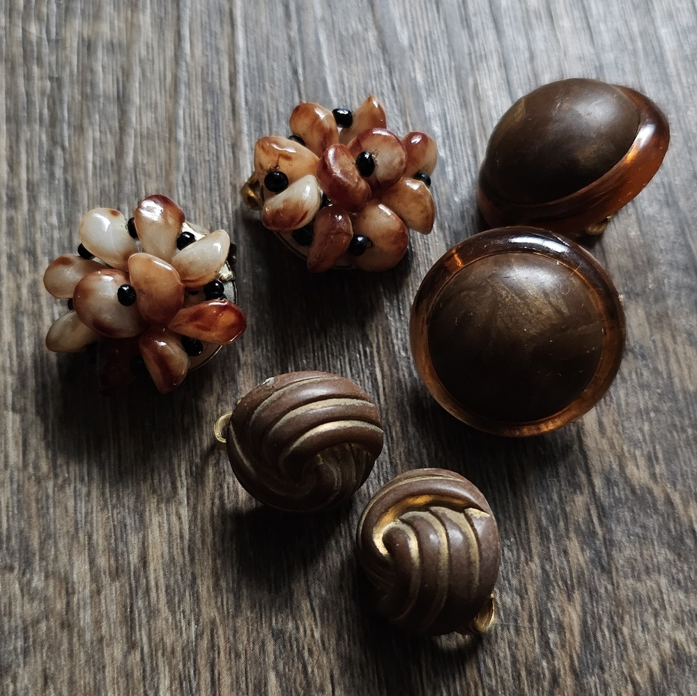 Set of three vintage 50's/60s clip-on earrings. Made in Hong Kong.